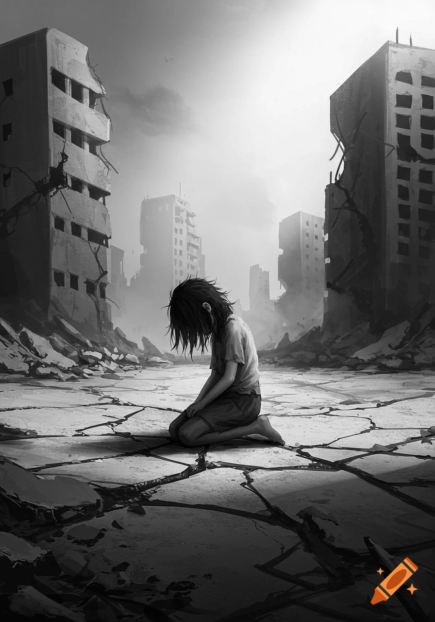 Black and white illustration of a girl kneeling on cracked ground in a destroyed city.