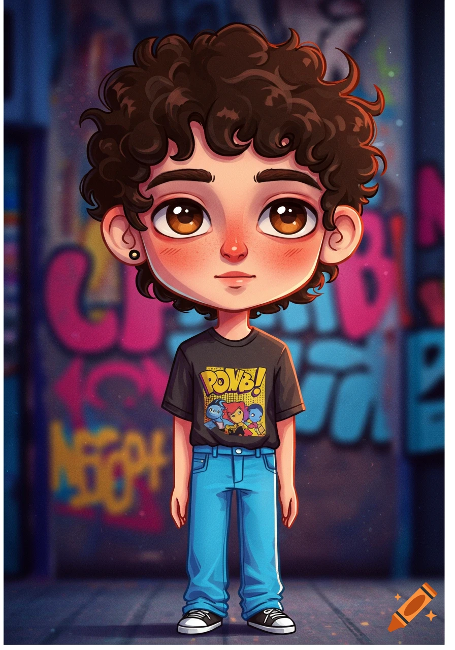 Cute cartoon teenage character with curly hair and large eyes, standing in front of graffiti.