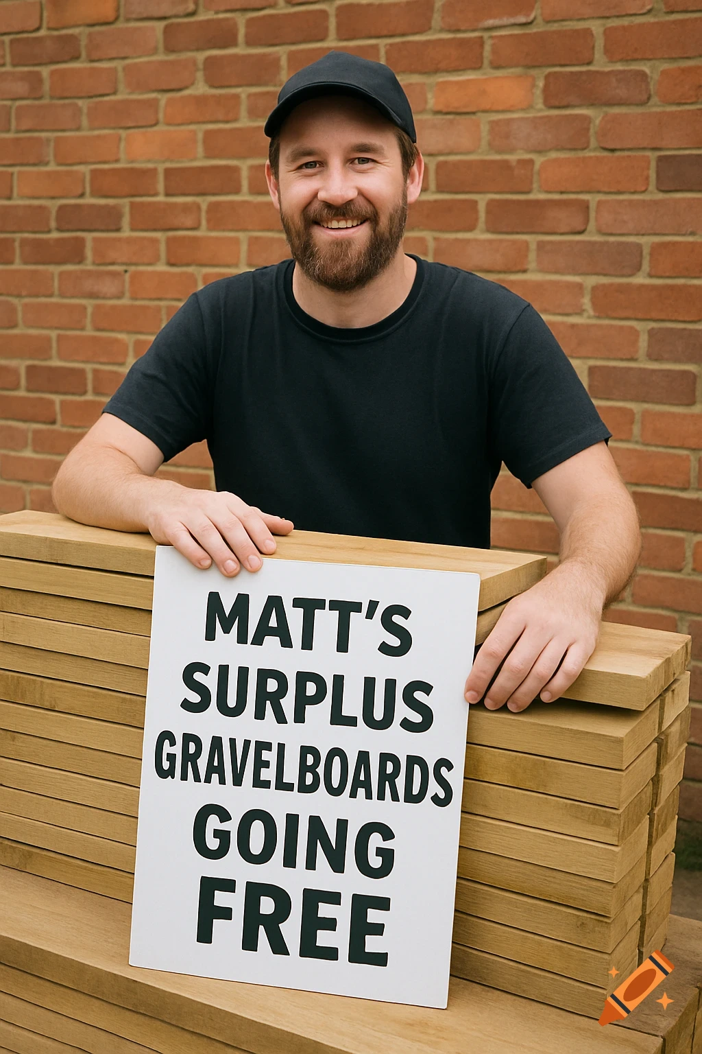 A man holds a sign saying "Matt's Surplus Gravelboards Going Free" next to stacks of wood planks outdoors.