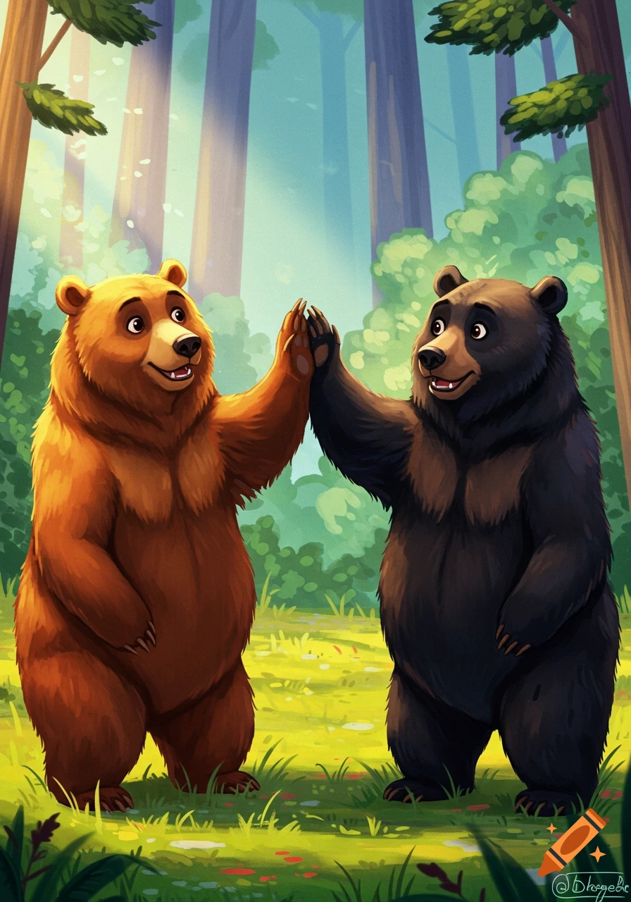 Two cartoon bears high-five in a sunlit forest clearing. Illustration.