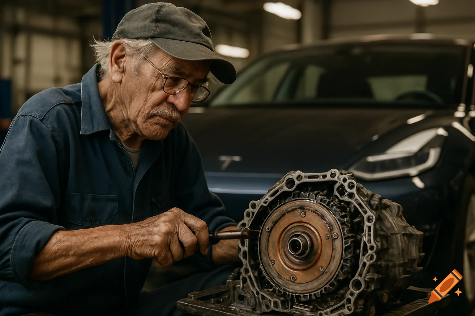 An elderly mechanic works on an automatic transmission in a workshop with a car in the background.