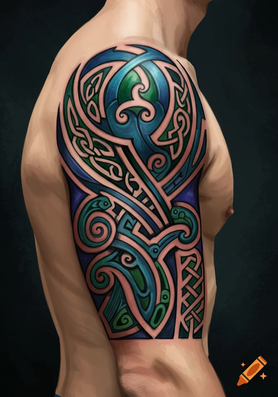 Upper arm tattoo with complex blue, green, and pink Celtic and Polynesian patterns.