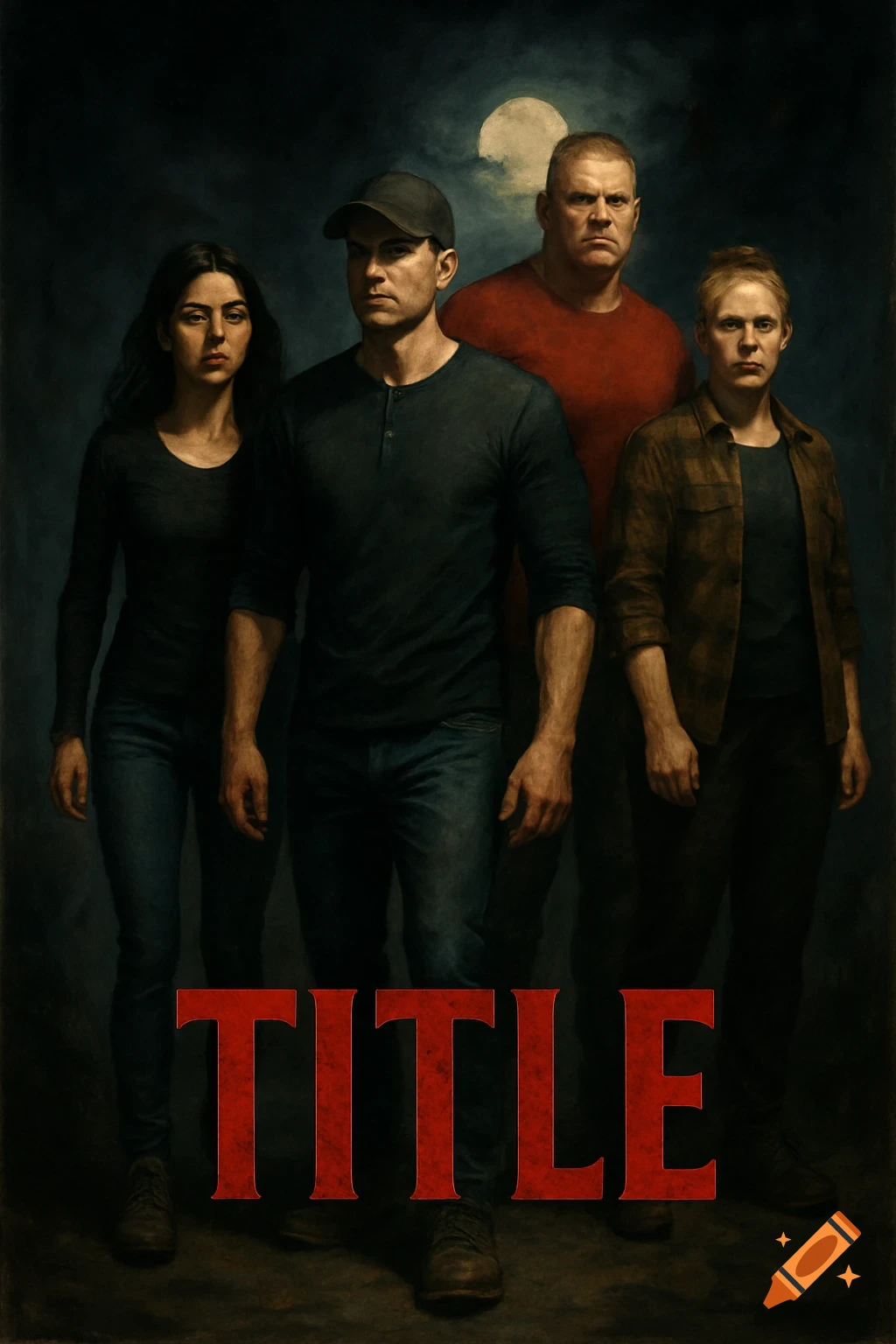 Four people stand dramatically in a dark setting under a full moon with the word TITLE below, like a movie poster.