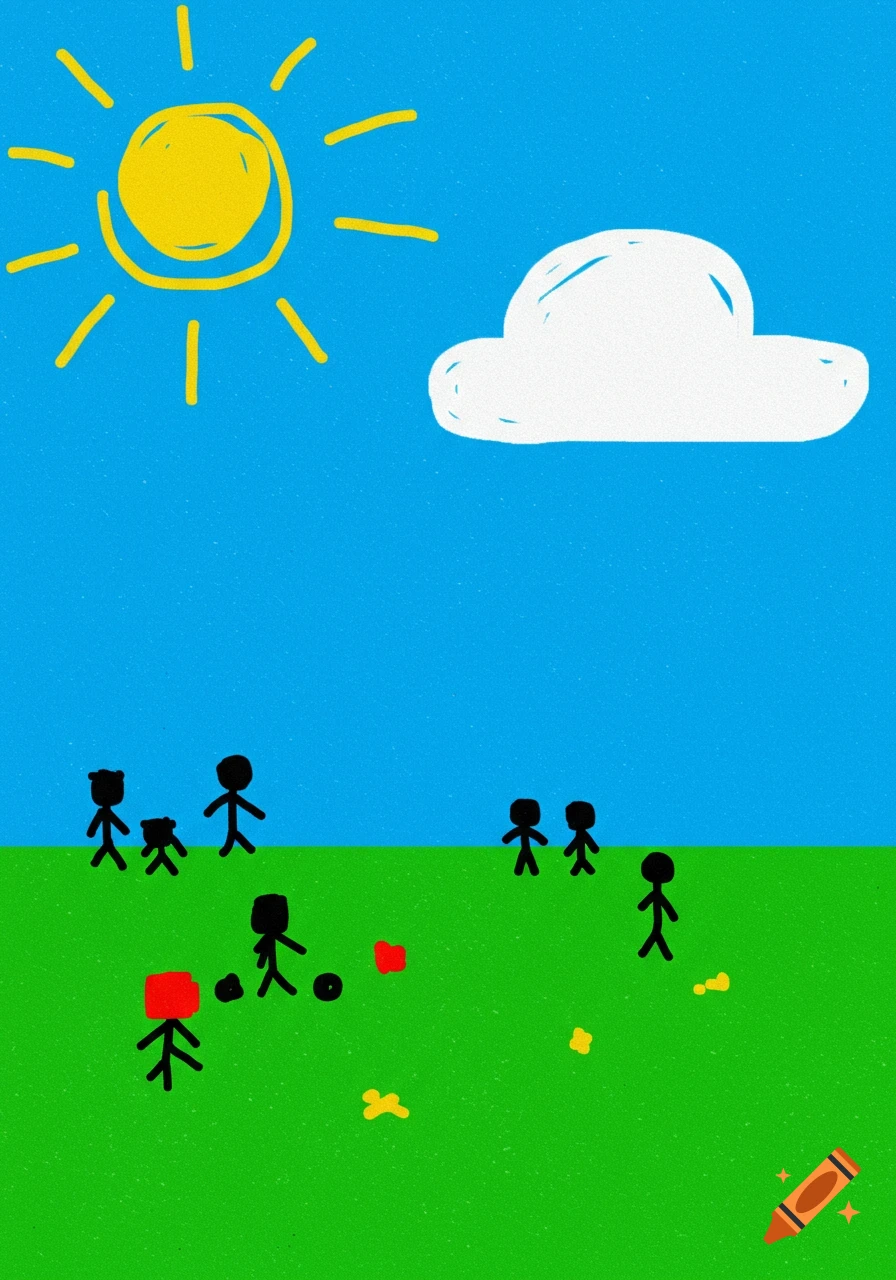 Simple drawing of stick figures in a field under a sun and cloud in MS Paint style.