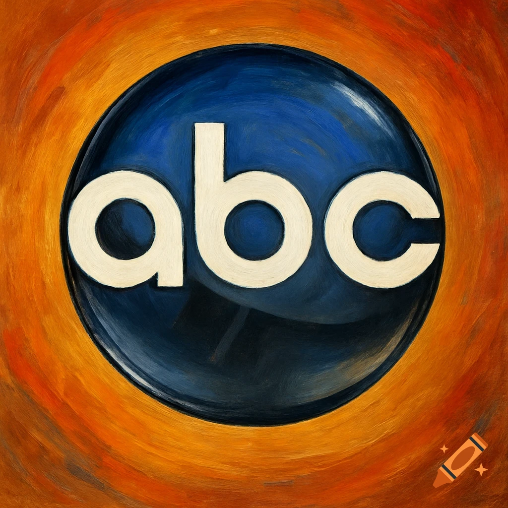 Oil painting of the ABC television logo, featuring white letters 'abc' inside a blue sphere on an orange background.