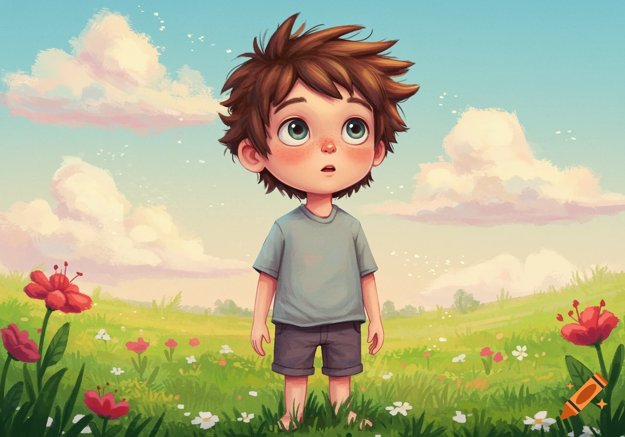 Cartoon boy stands in a flower field under a cloudy sky.