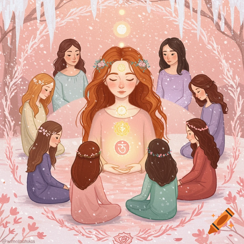 Illustration of women in a winter circle with chakra symbols during meditation.