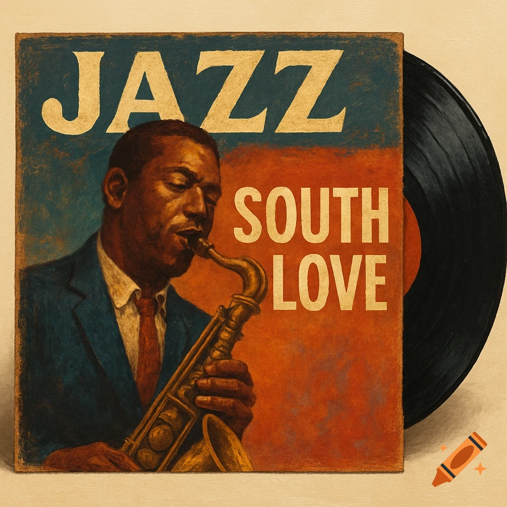 Painting of a jazz record cover featuring a man playing saxophone and the text "JAZZ SOUTH LOVE".