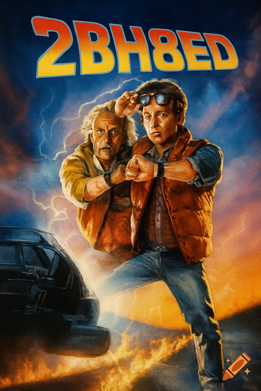 Painting of Doc Brown and Marty McFly with lightning and a car, text 2BH8ED above.