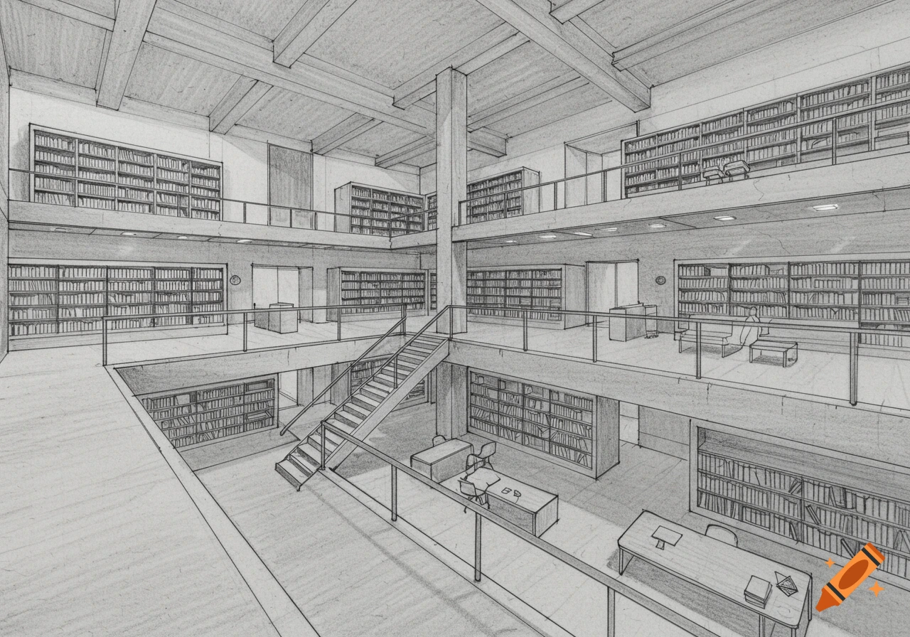 A detailed pencil sketch of a multi-level library interior with many bookshelves, stairs, and seating areas.
