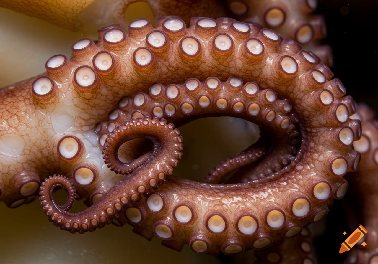 Close-up macro photograph of intertwined octopus tentacles with visible suction cups.
