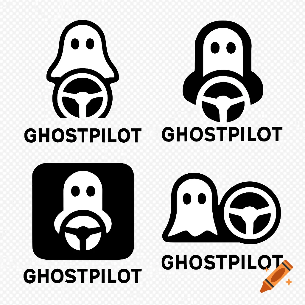 Four black and white icon designs featuring a ghost holding a steering wheel with the text GHOSTPILOT below.