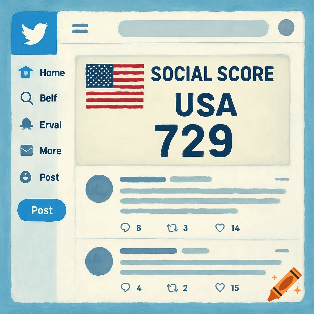 A stylized illustration of a social media interface resembling Twitter/X, displaying a US flag and the text "SOCIAL SCORE USA 729".