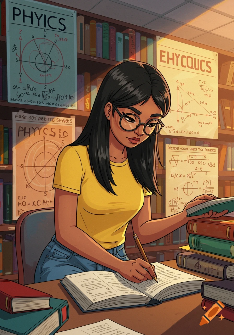 Anime style illustration of a young Latina woman with glasses studying physics in a library.