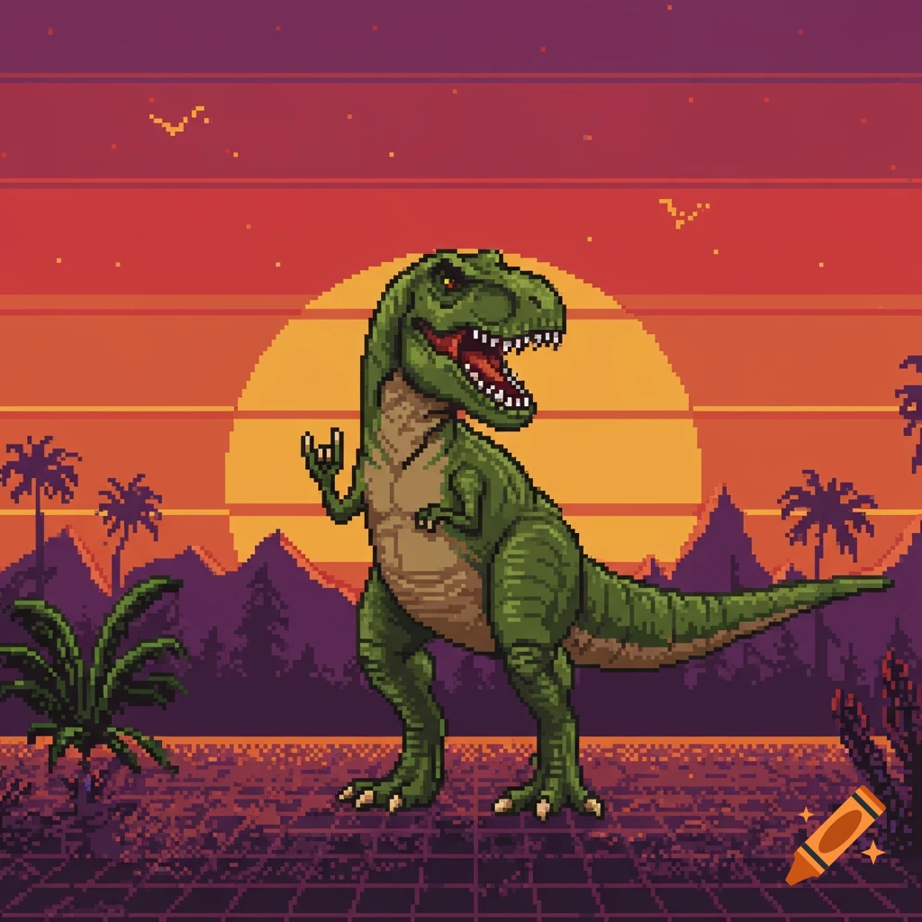 Pixel art T-Rex dinosaur doing a rock hand sign in front of a synthwave sunset background