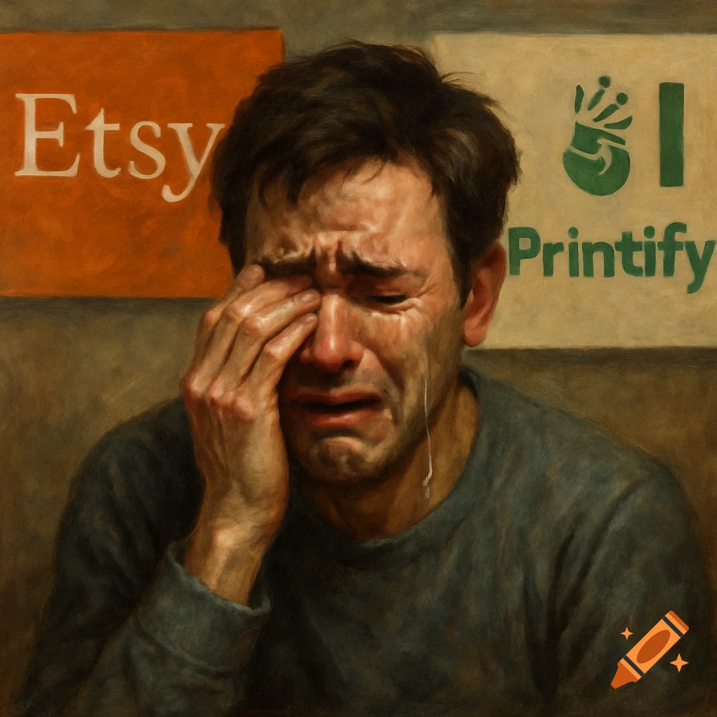 Painting of a sad person crying with Etsy and Printify signs in the background.