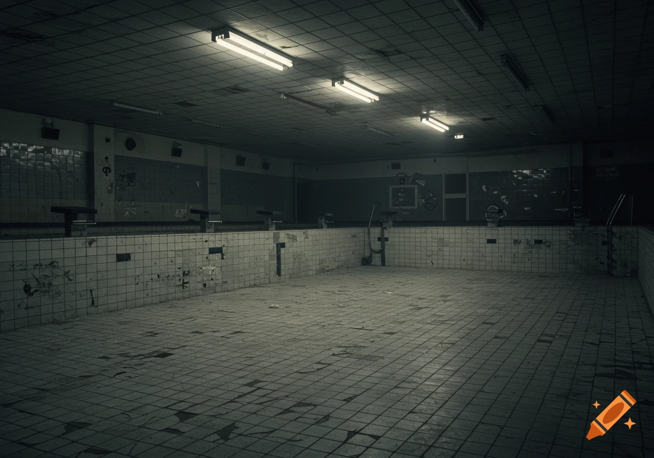 Empty, dilapidated indoor swimming pool with peeling paint and broken tiles.