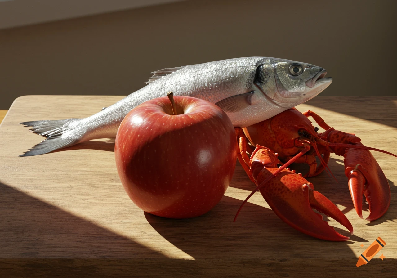 Photorealistic still life of an apple, fish, and lobster on a wooden table.