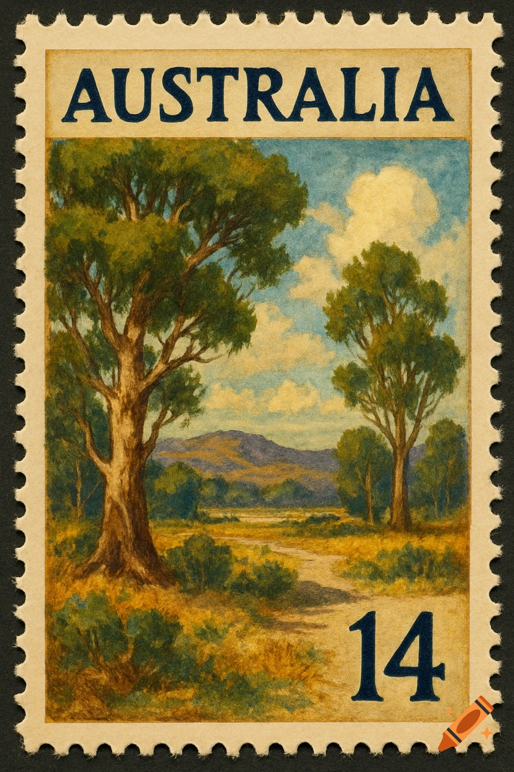 Postage stamp with painted landscape featuring trees, hills, path, and text 'AUSTRALIA' and '14'.
