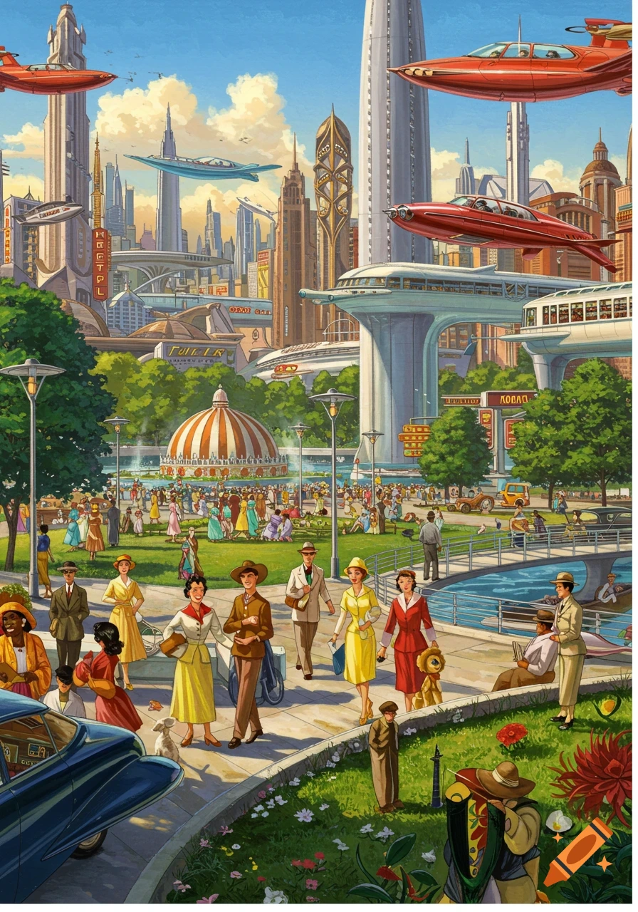 Retro-futuristic illustration of a city with flying cars, elevated trains, buildings, and people in a park.