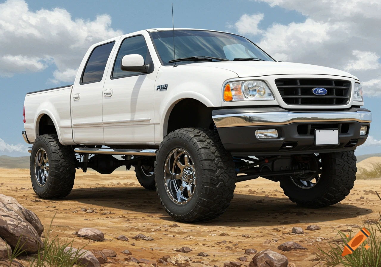 A white lifted Ford F-150 truck with large all-terrain tires sits on a dirt track under a cloudy sky.