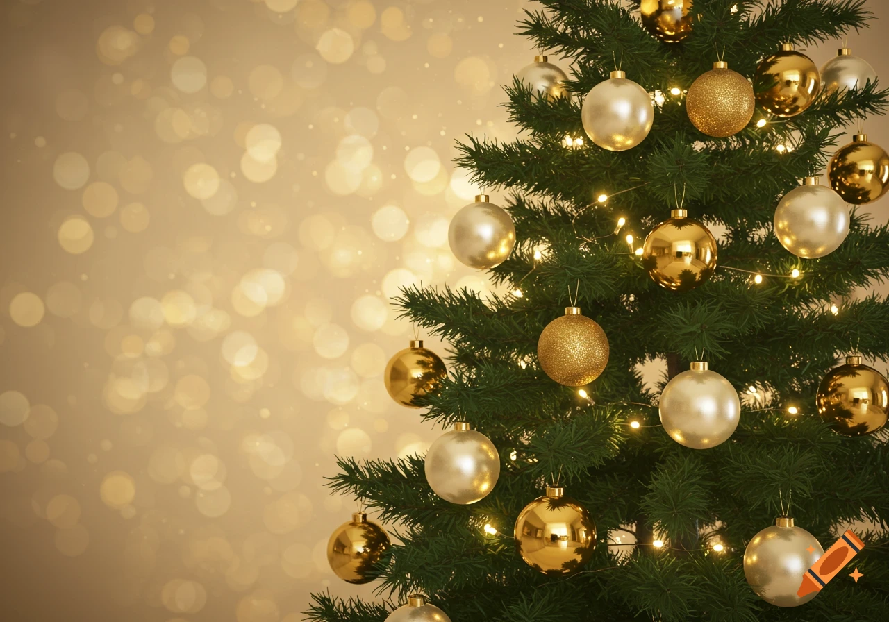 Close-up of a Christmas tree with gold and cream ornaments and lights against a bokeh background.