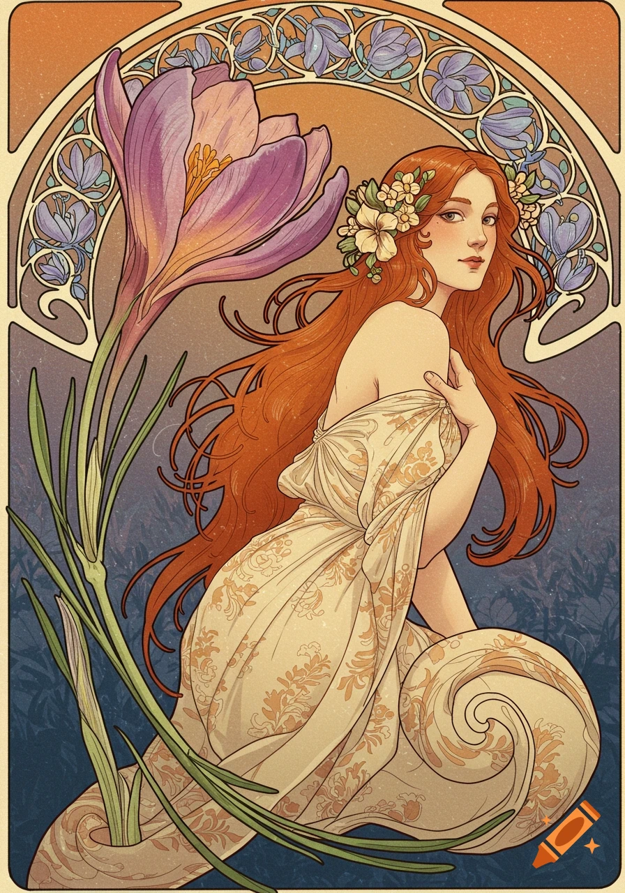 An Art Nouveau illustration of a woman with long red hair next to a large purple crocus.