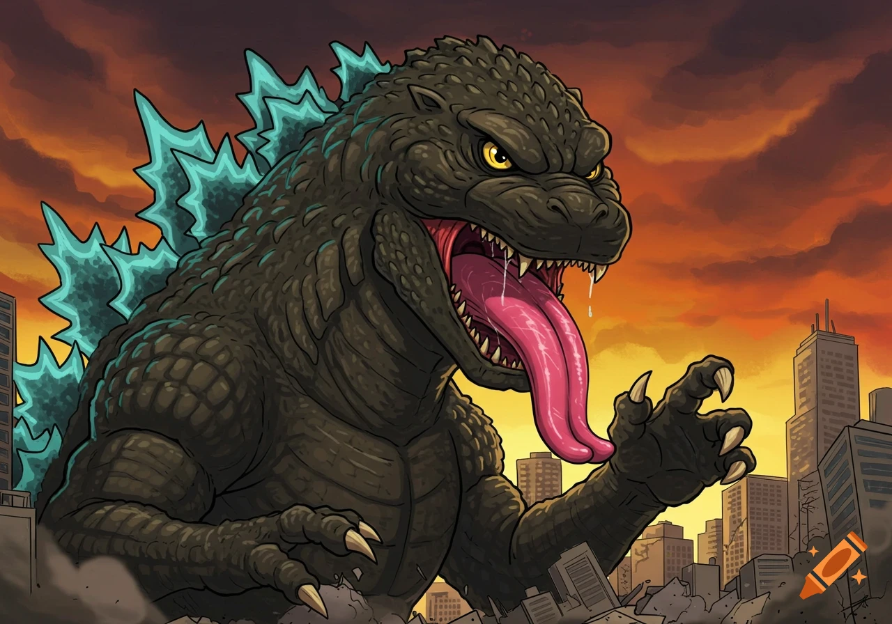 Cartoon illustration of Godzilla sticking his tongue out over a destroyed city