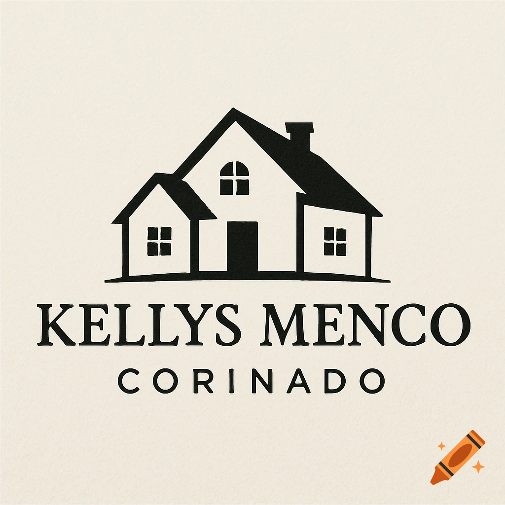 A black and white real estate logo with a stylized house graphic and the text KELLYS MENCO CORINADO.