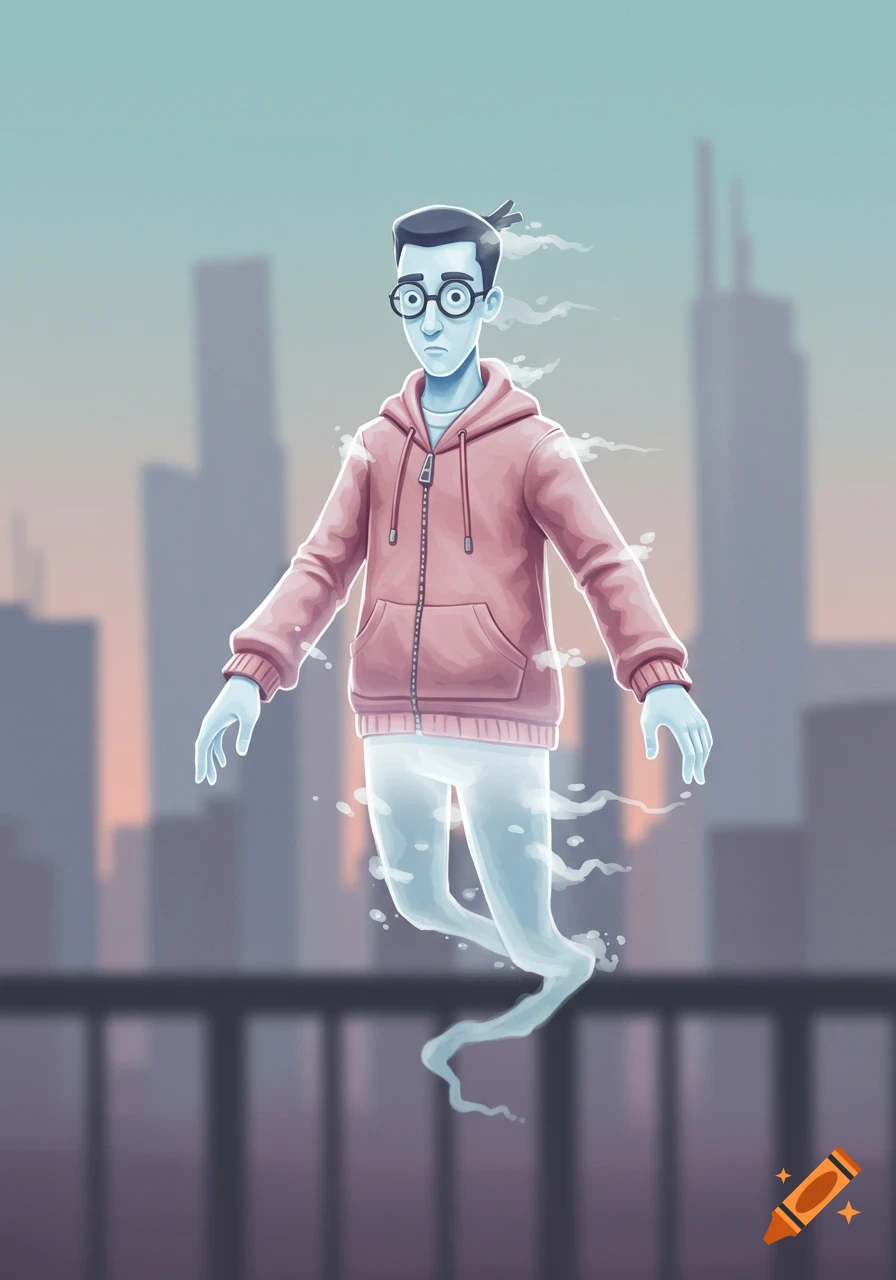 An illustration of a ghost character wearing a pink hoodie and glasses, with a translucent body, floating in front of a city skyline.