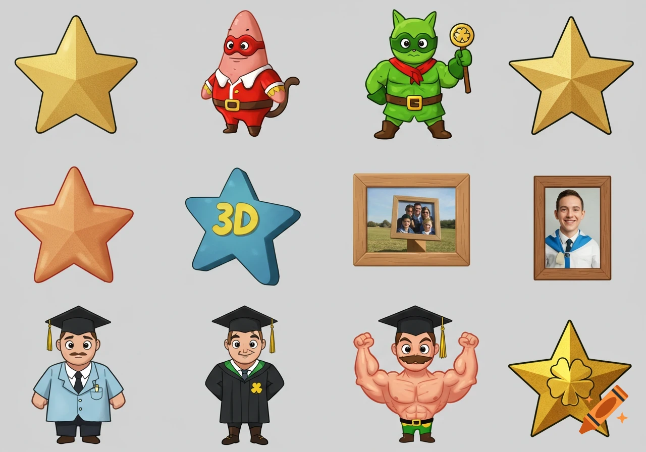 A grid of cartoon icons featuring stars, Patrick Star characters, and framed photos.