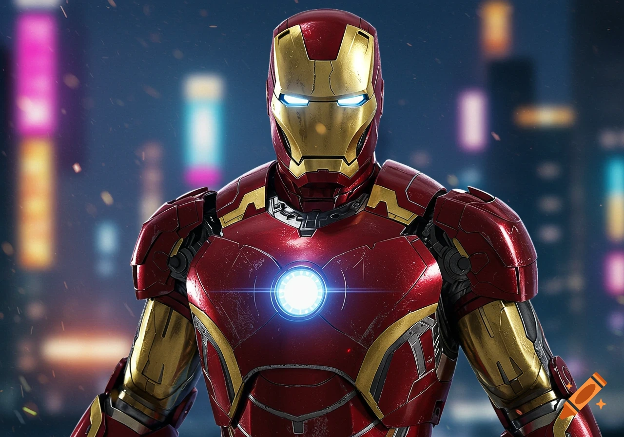 Closeup of Iron Man in his red and gold suit standing in front of a blurry city skyline.
