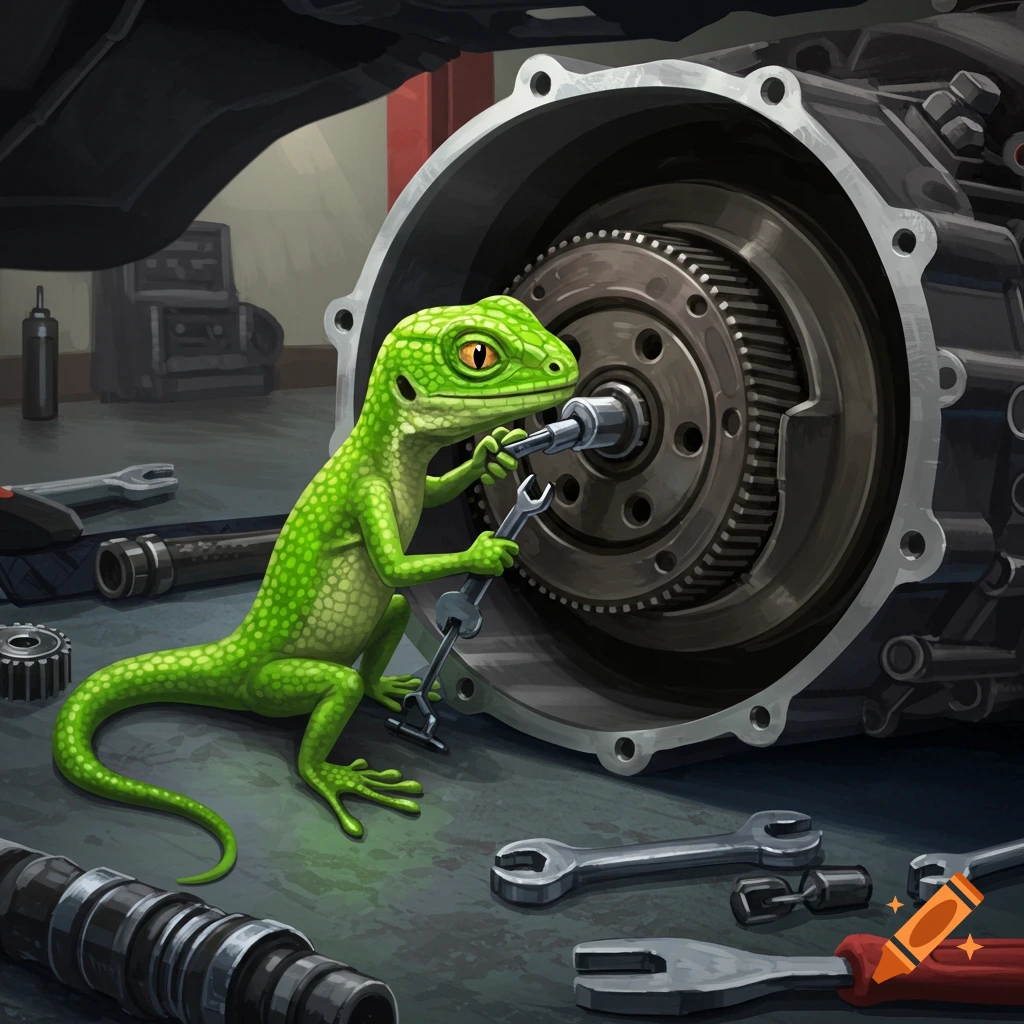 An illustration of a green lizard working on a car transmission in a garage.