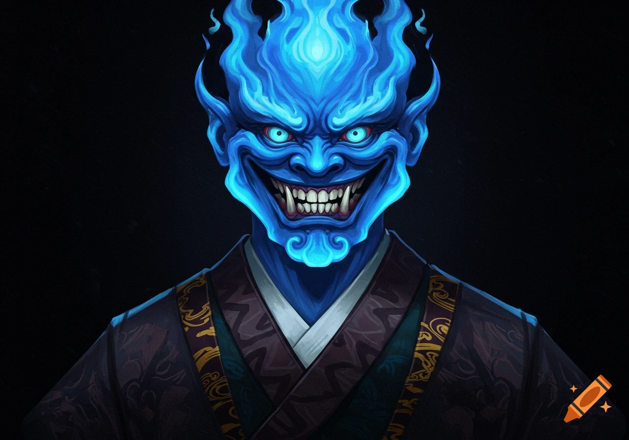Close-up portrait of a creature with blue flames and skin, red eyes, jagged teeth, wearing a patterned kimono.