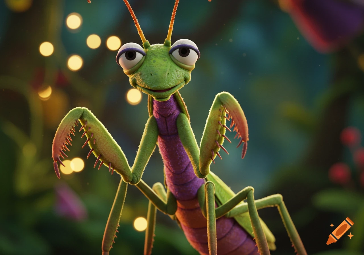 A close-up of a cartoonish praying mantis puppet with large eyes and green and purple segments.