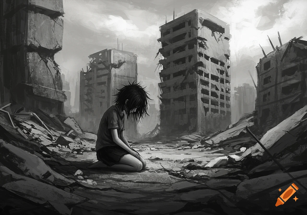 Black and white illustration of a child kneeling on rubble in a destroyed city with collapsed buildings.