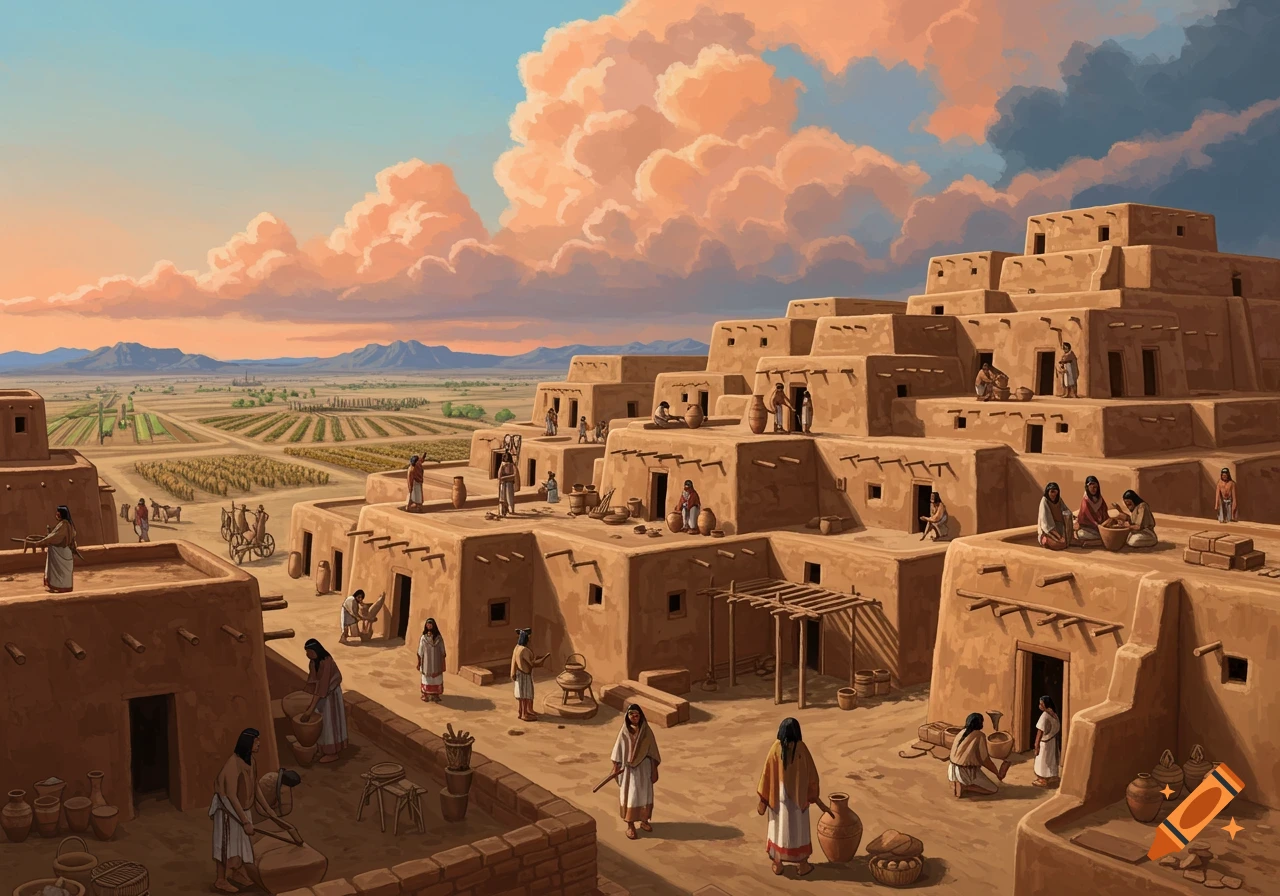 Ancient Hohokam adobe village with people, fields, and mountains under a colorful sky in a painted style.