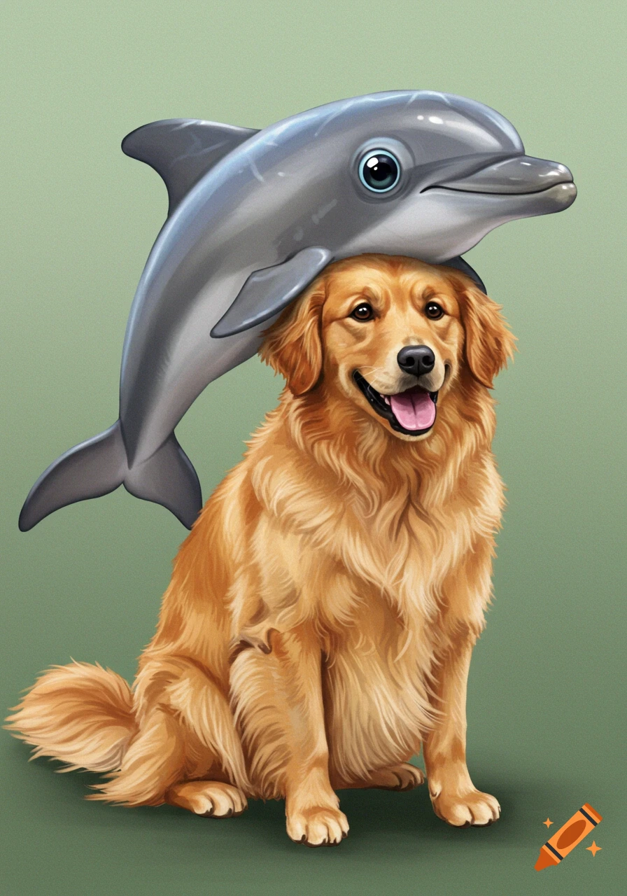 Illustration of a golden retriever dog with a dolphin on its head.