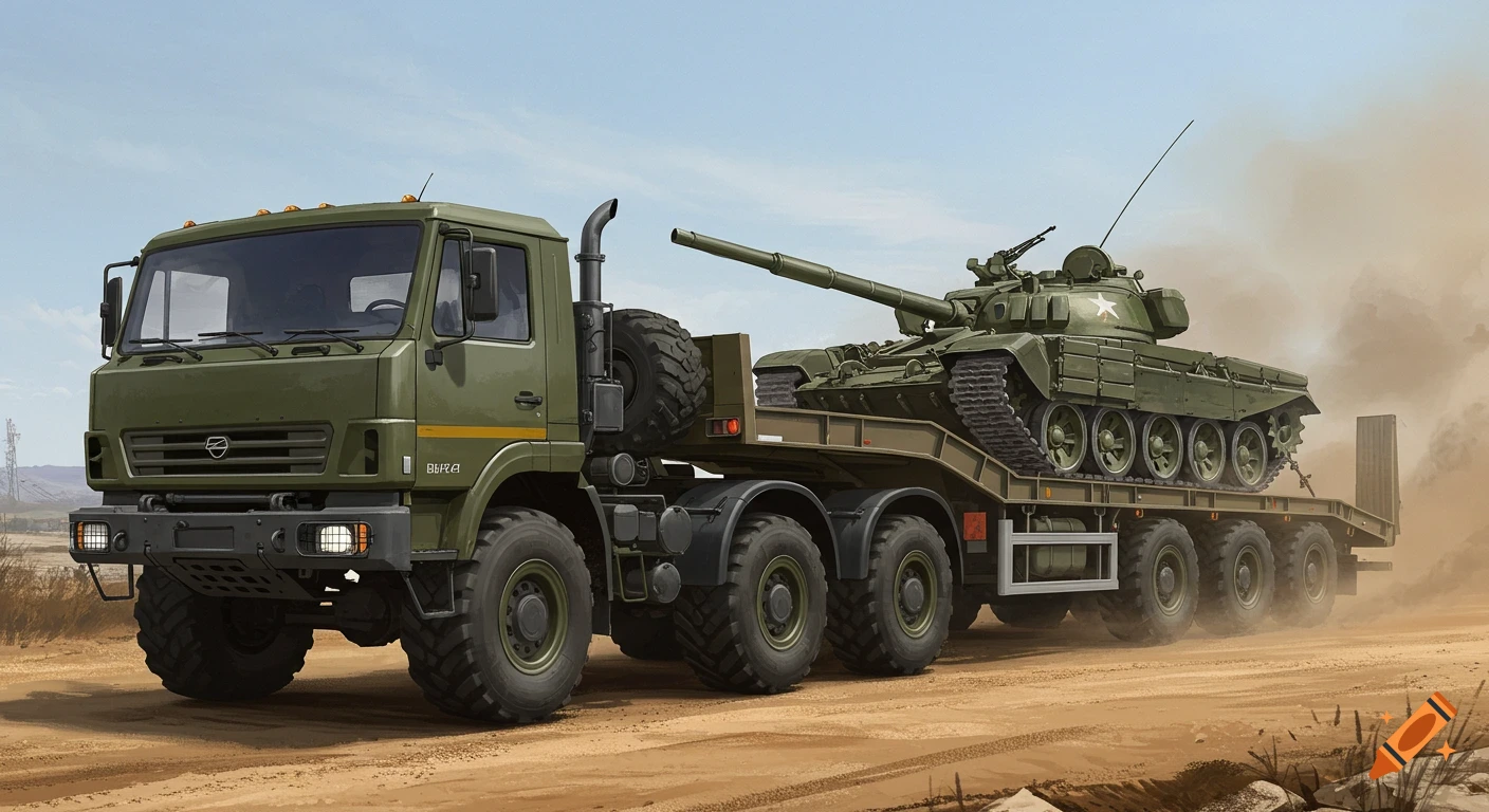 Military truck hauling a tank on a trailer in a dusty landscape.