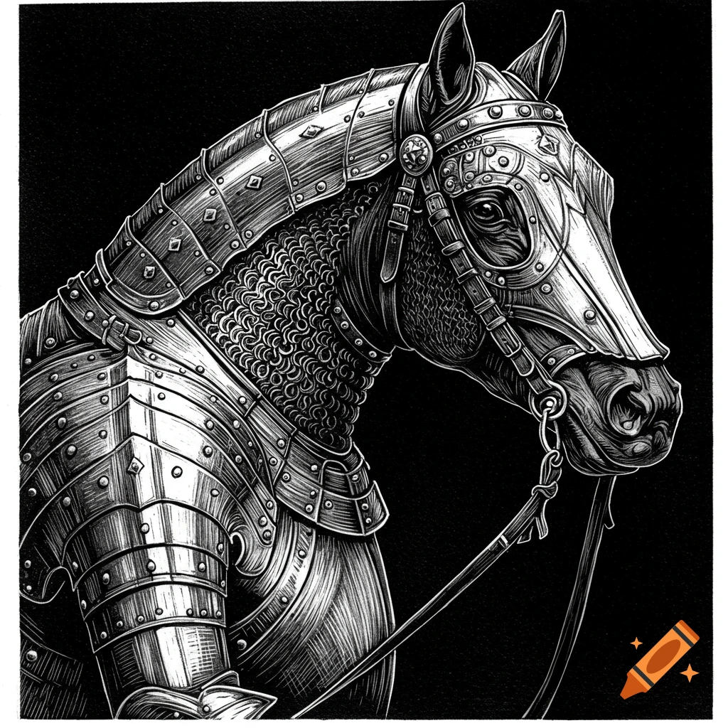 Black and white etching of a horse wearing armor