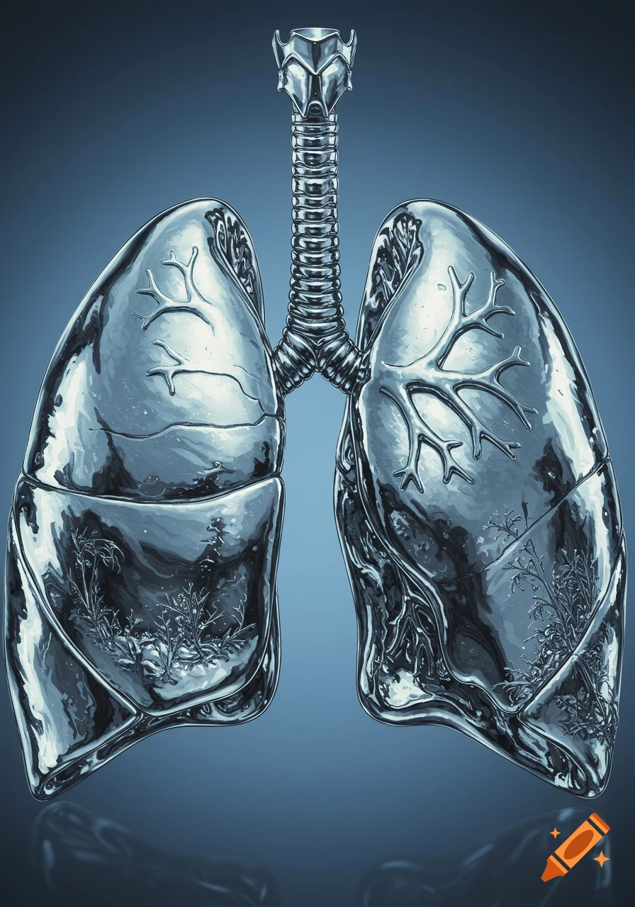 Stylized chrome lungs and trachea on a blue background.