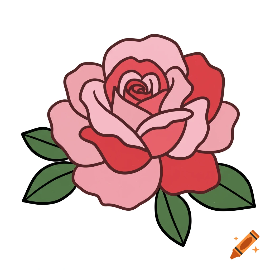 A simple pink and red doodle of a rose with green leaves.