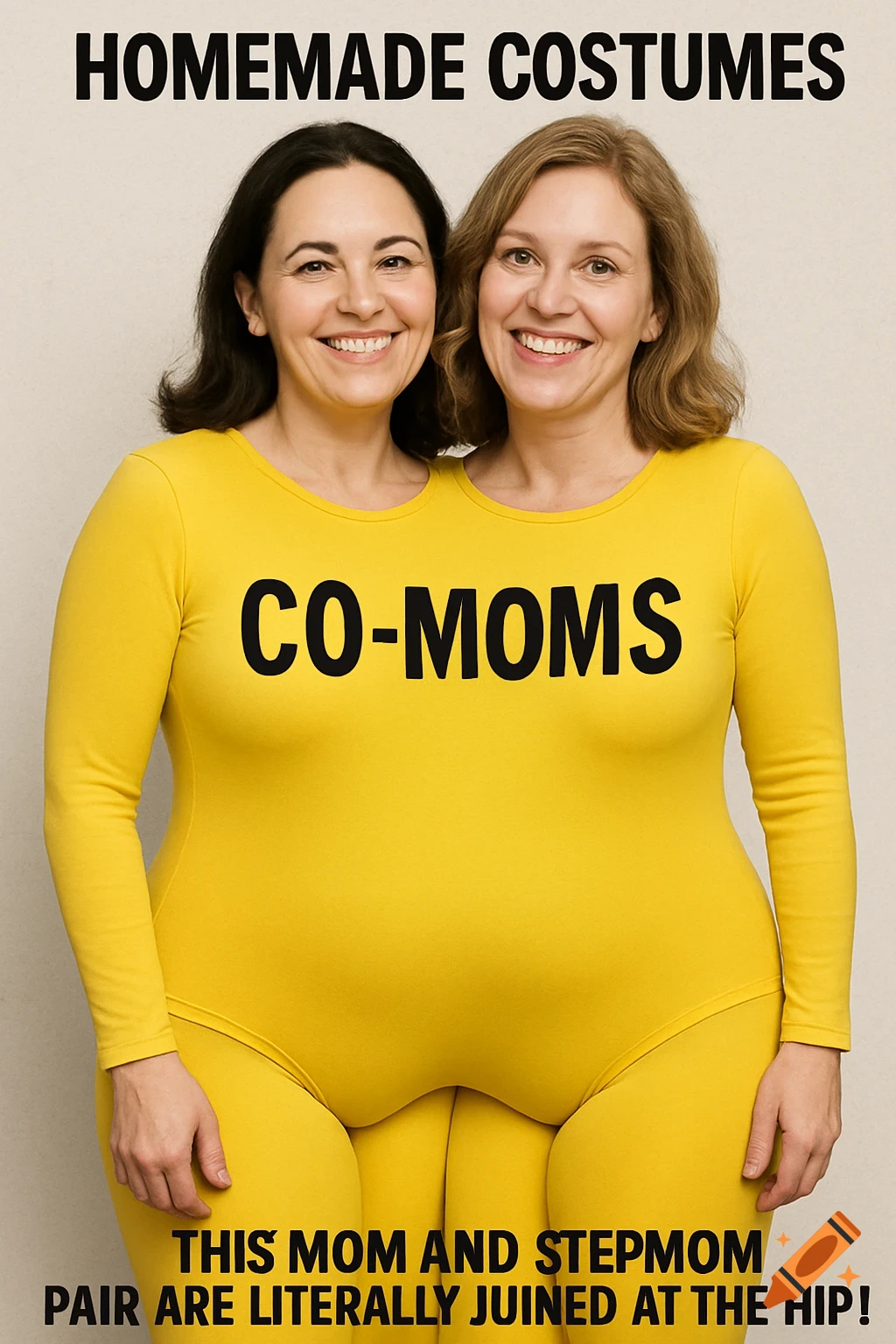 Two women in a yellow 'Co-Moms' bodysuit, creating a two-headed person illusion for a homemade costume.