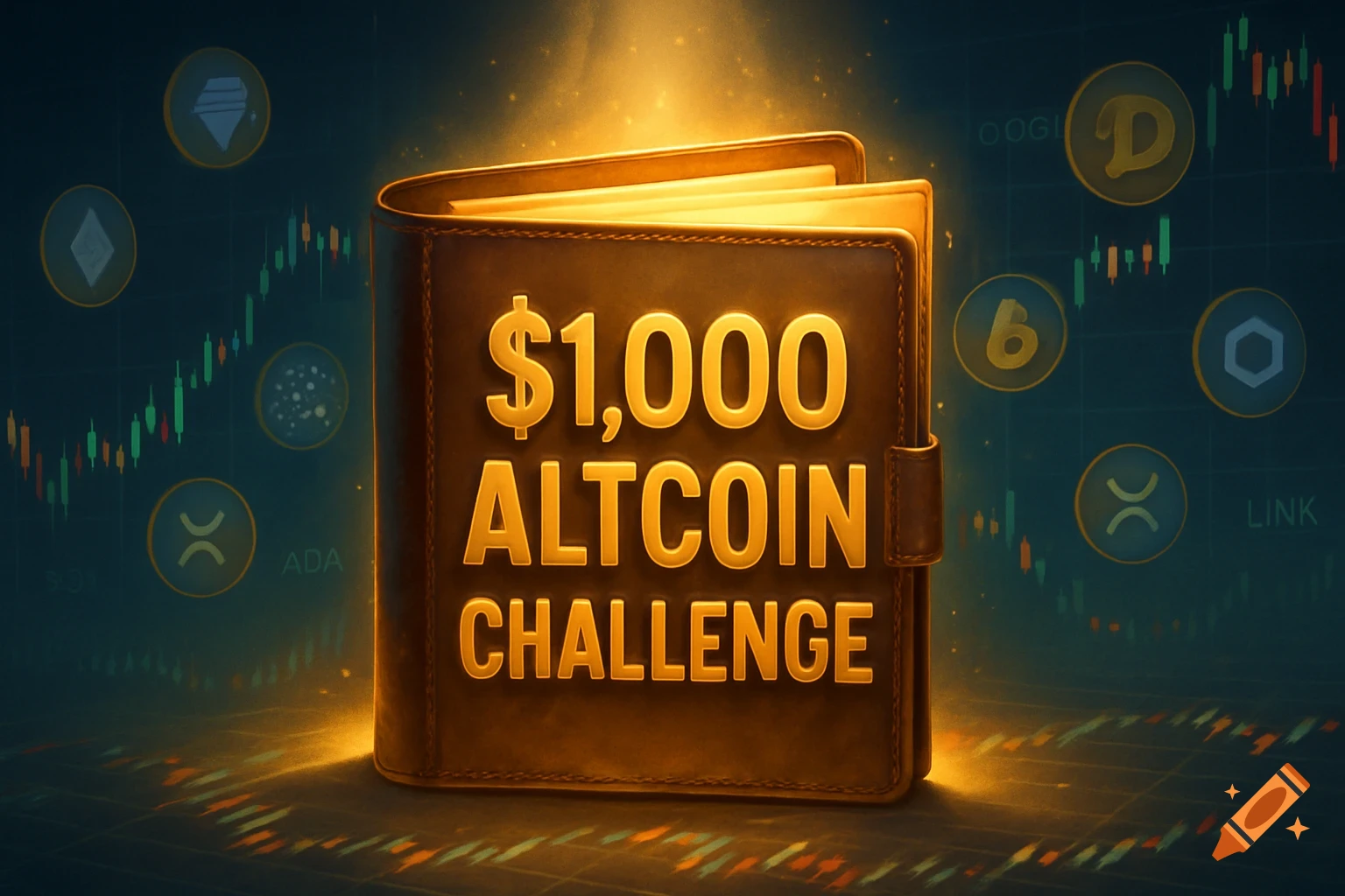 A cinematic image of a glowing brown wallet labeled "$1,000 ALTCOIN CHALLENGE" over a background of cryptocurrency charts and coin logos.