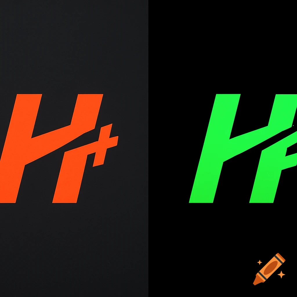 Two abstract logos side-by-side, one orange on gray resembling 'H+ ...