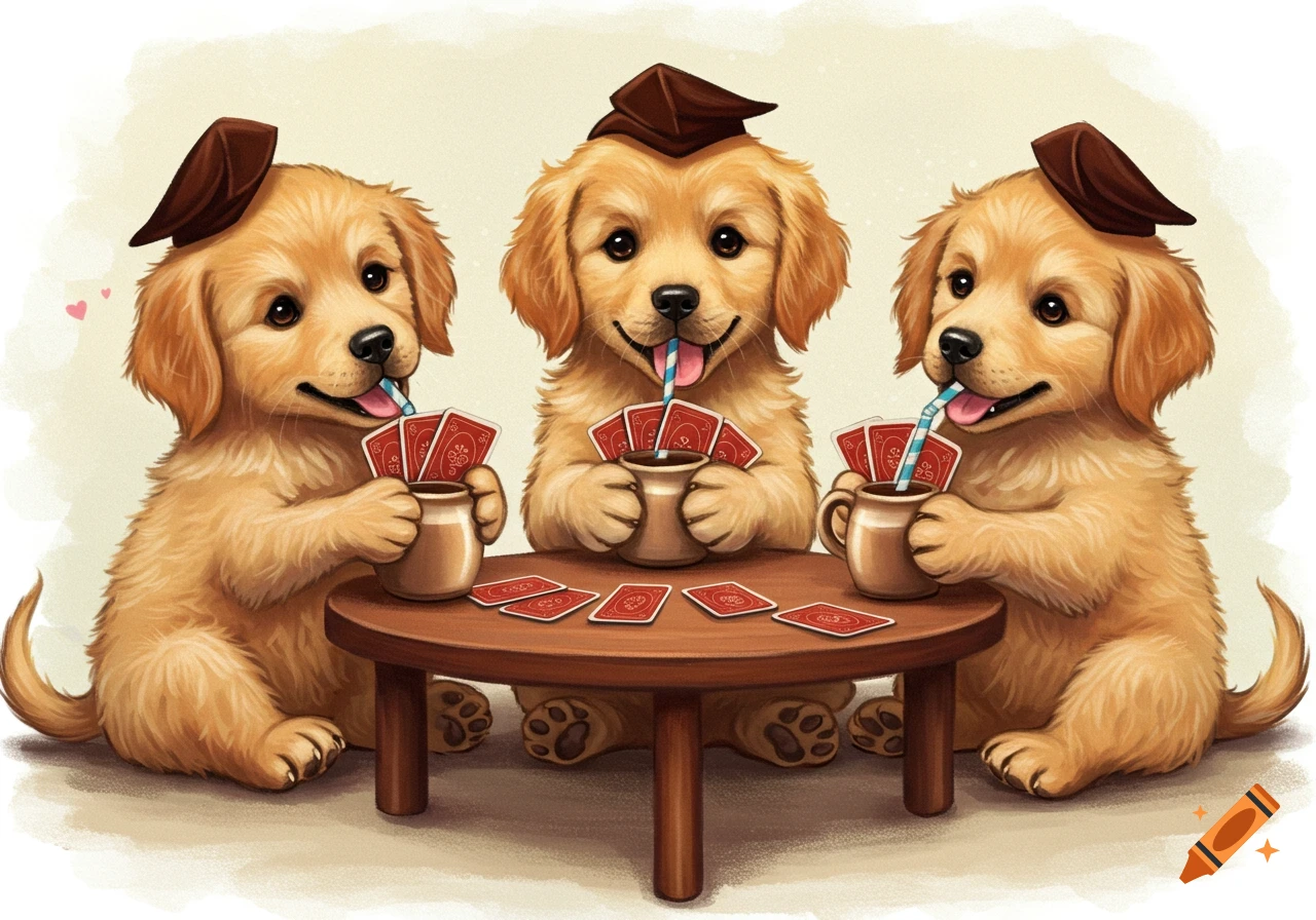 Three cute golden retriever puppies play cards and drink from mugs at a table in a whimsical illustration.