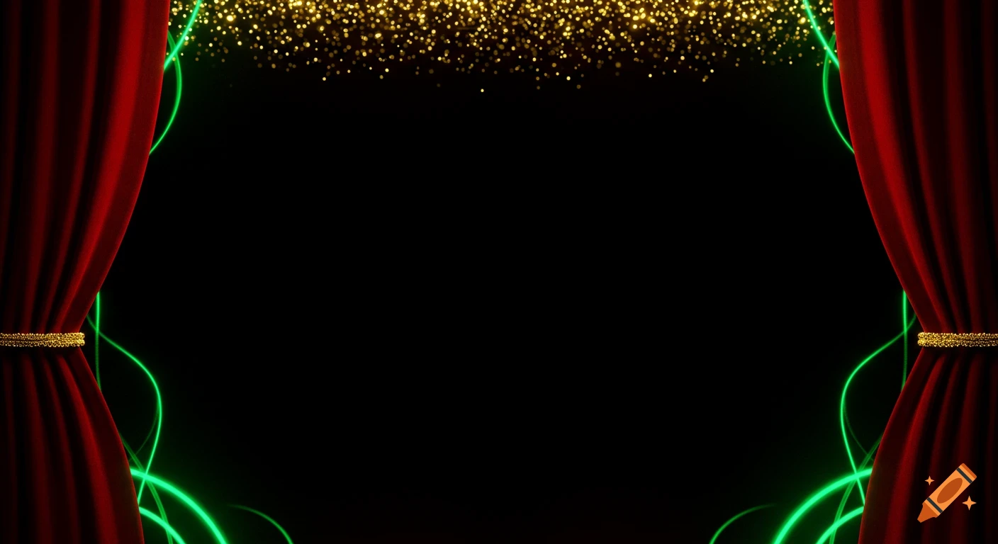Red curtains with gold sparkles and green light streaks on a black background