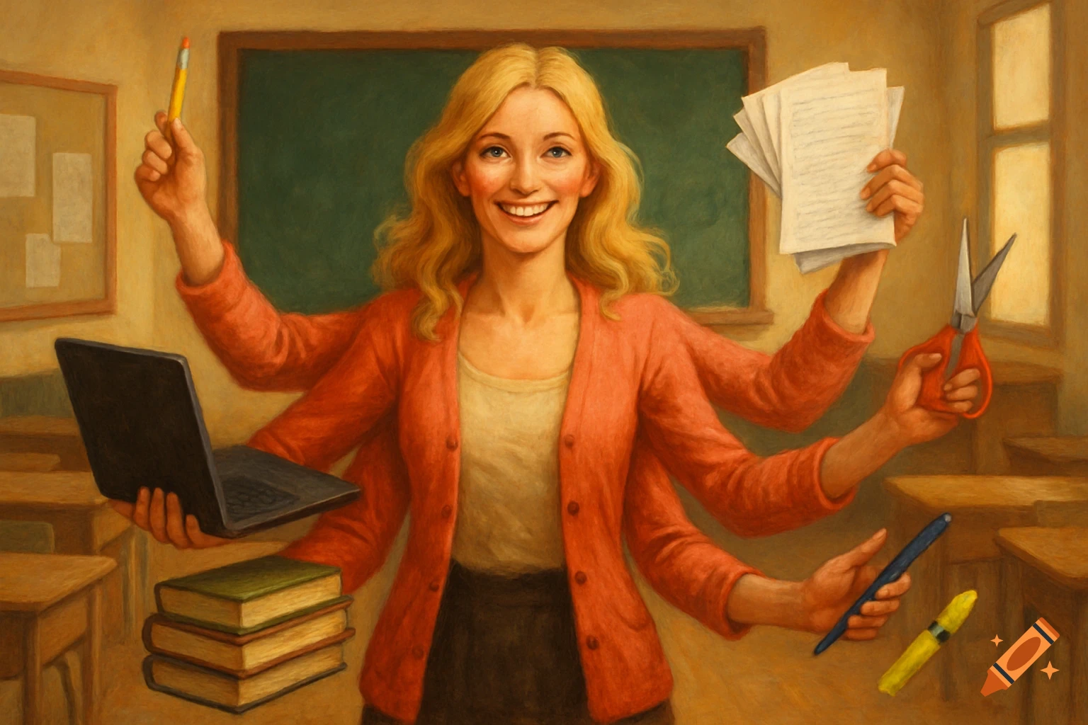 A multi-armed female teacher holding various school supplies in a classroom, painted style.