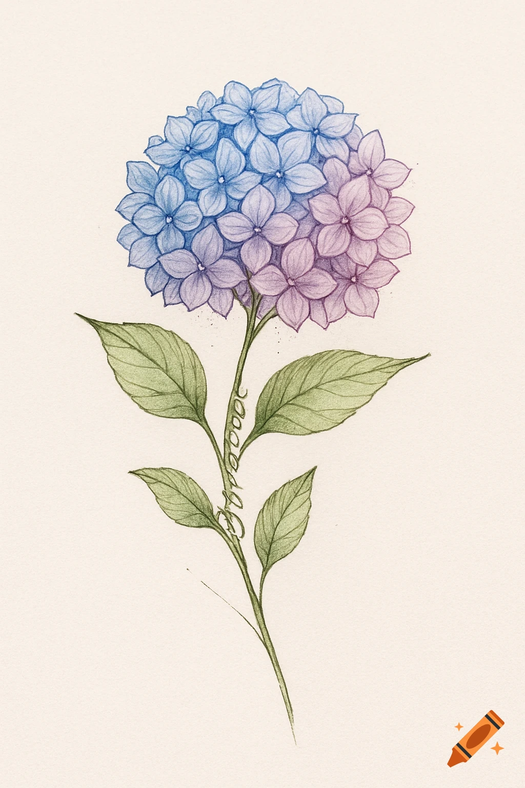 Colored pencil drawing of a hydrangea with blue and pink flowers and green leaves.