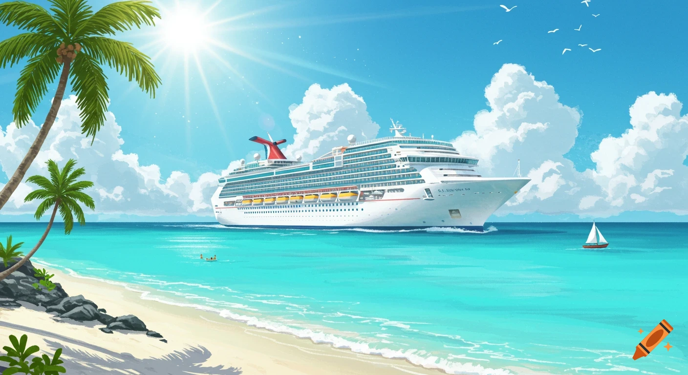 Illustration of a large cruise ship sailing by a tropical beach with palm trees, clear turquoise water, and a small sailboat.